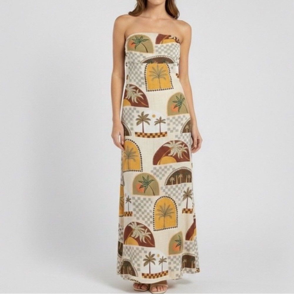 Anthropologie Paper Heart Linen Palm Trees Multi Smocked Strapless Shift Dress
